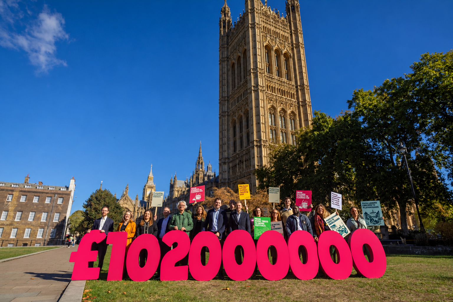 Southwark Council What Matters Most campaign outside Parliament with councillors and campaign placards around the £102 million installation