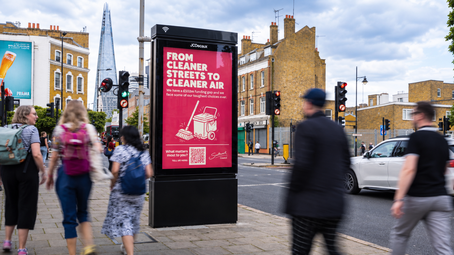 Southwark Council What Matters Most JCDecaux digital display mock-up with the Shard in the background